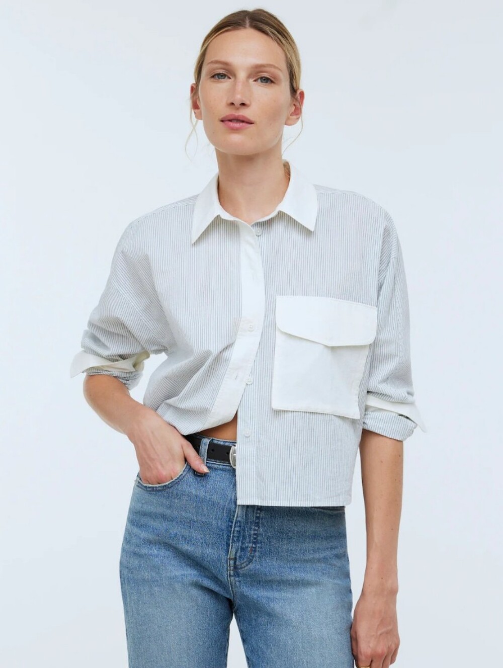 Madewell Cropped White & Light Blue Stripe Button-Up Shirt. Beachy. Preppy.